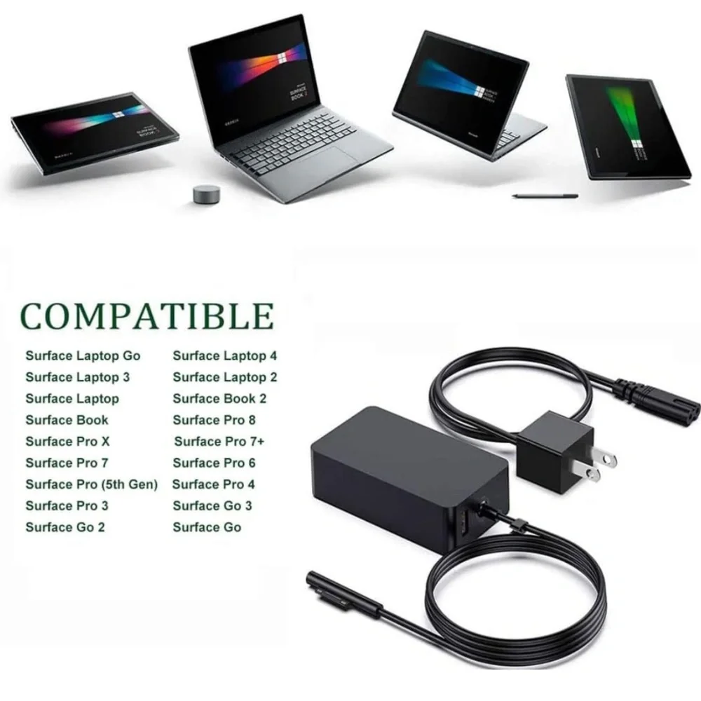 Two (2) Surface Pro Chargers 65W 15V 4A Power Supply AC Adapter - Microsoft